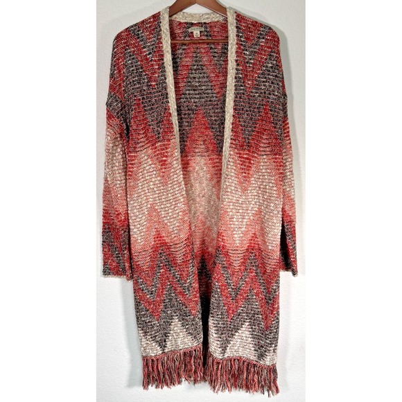 Lucky Brand Aztec print long open Fringe Cardigan Sweater Cozy Medium - Picture 1 of 9